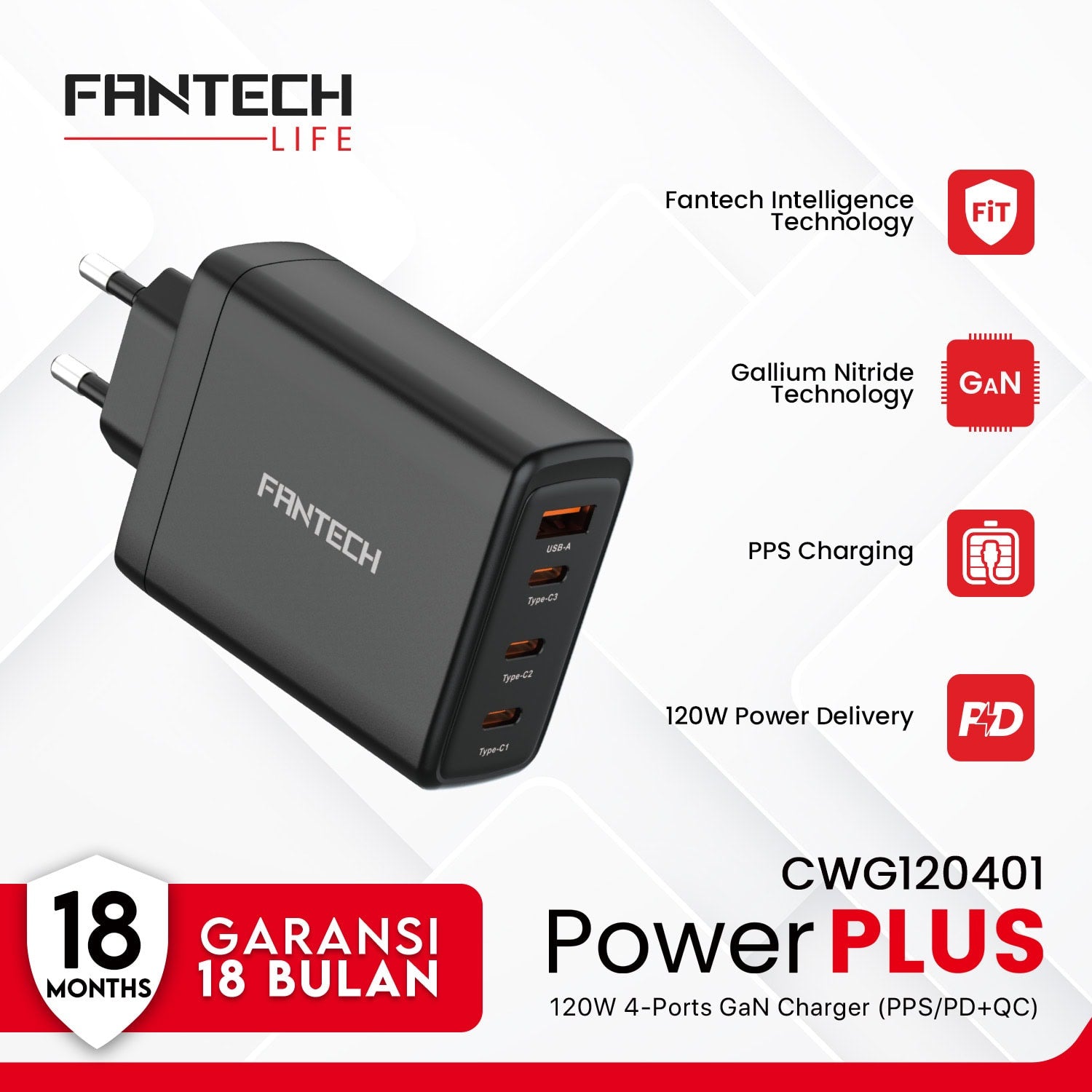 Fantech GAN Charger 120Watt Fast Charging Power Plus 3-Ports CWG120401 - Fantech Indonesia